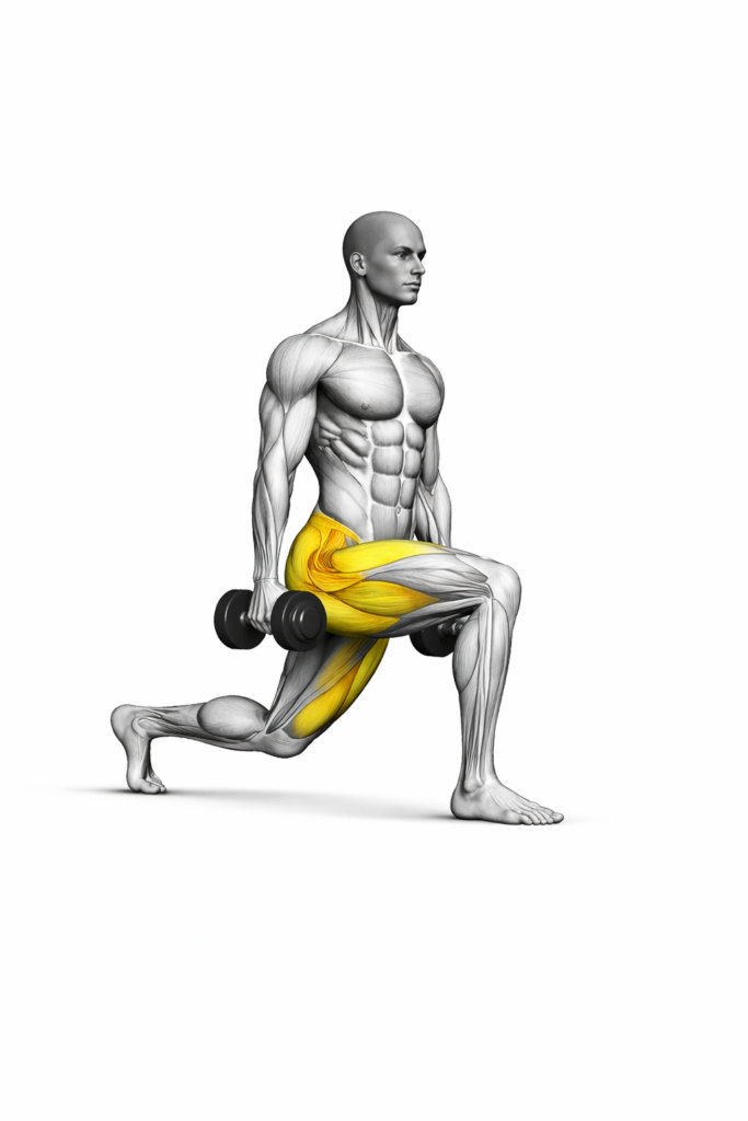 Ausfallschritte mit Kurzhanteln – Endposition mit gebeugtem vorderen Bein