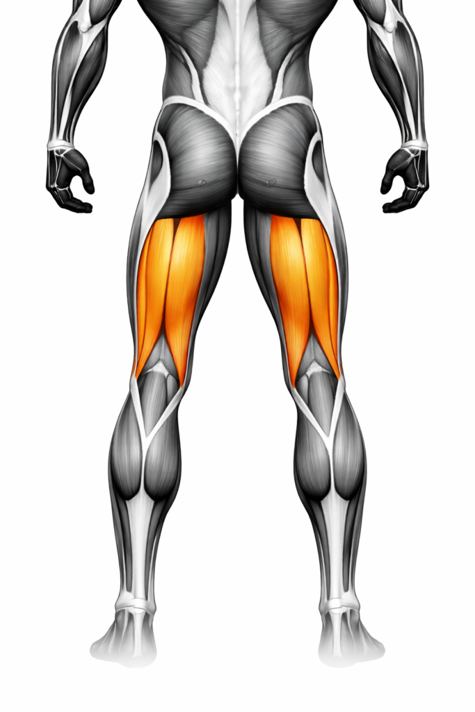 Anatomische Darstellung der Beinbeuger (hinterer Oberschenkel), grün markiert – Rückenansicht