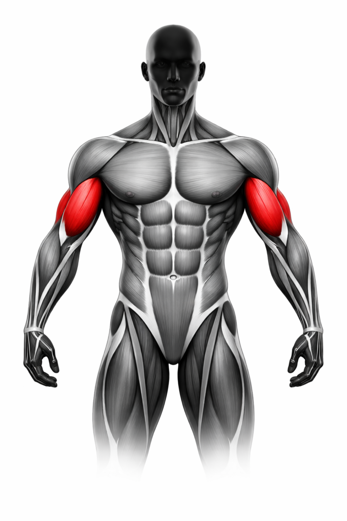 Anatomische Darstellung des Bizeps (Beugemuskulatur des Oberarms), rot markiert – Vorderansicht