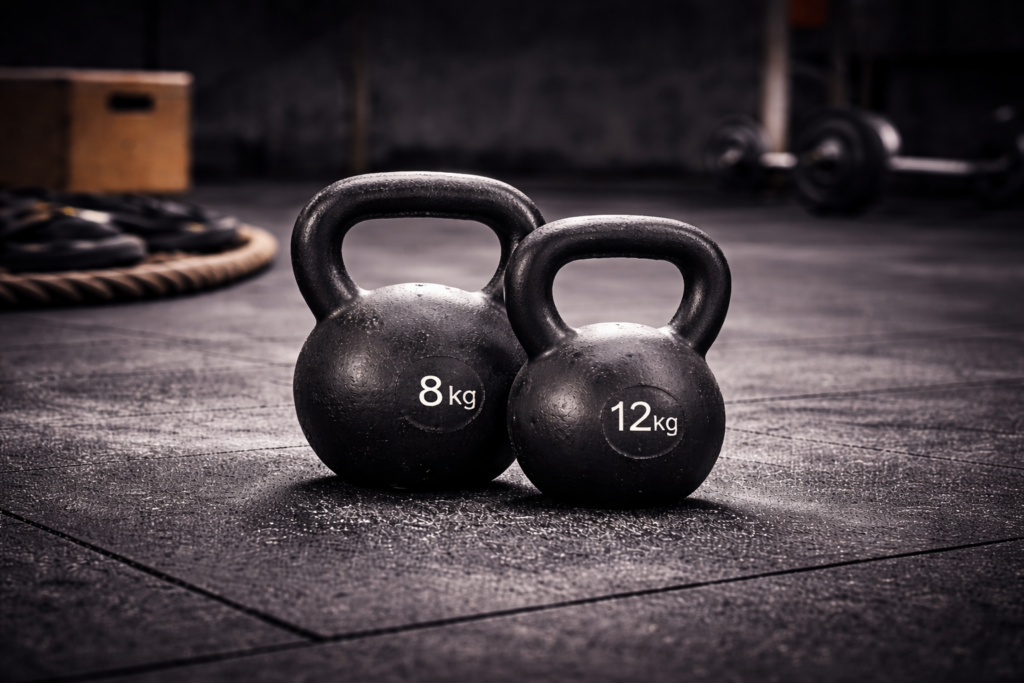 Zwei schwarze Kettlebells mit 8 kg und 12 kg Gewicht auf einem dunklen Gym-Boden, aufgenommen in ruhiger Studioatmosphäre.