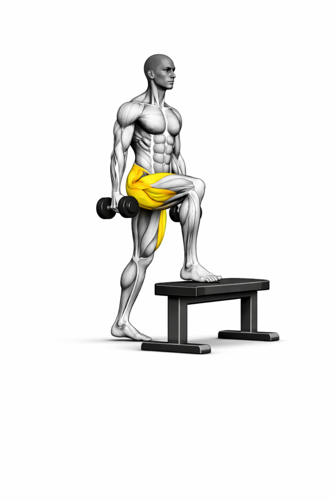 Step-Ups mit Kurzhanteln – Aufstieg auf erhöhte Plattform mit Beinaktivierung