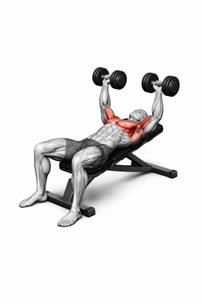 Kurzhantel-Bankdrücken – Endposition mit gestreckten Armen