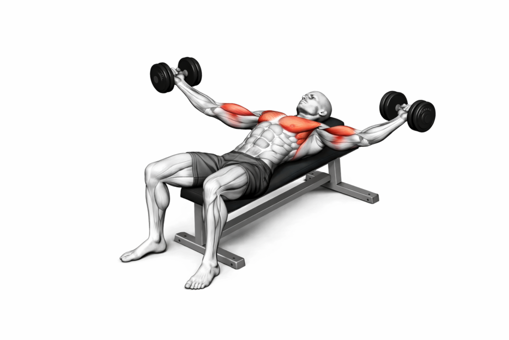 Flachbank-Flys mit Kurzhanteln – Endposition mit geöffneten Armen