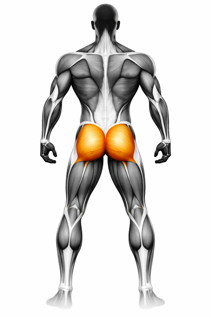 Anatomische Darstellung der Gesäßmuskulatur, grün markiert – Rückenansicht