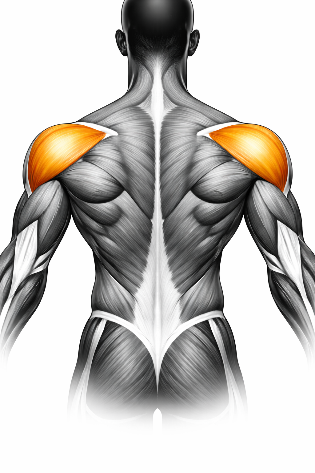 Anatomische Darstellung des hinteren Deltamuskels (hintere Schulter), gelb markiert – Rückenansicht