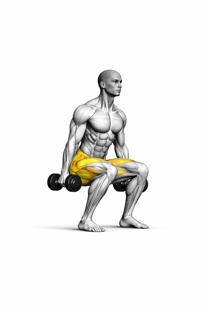 Kniebeugen mit Kurzhanteln – tiefste Position mit Fokus auf Quadrizeps und Gesäß