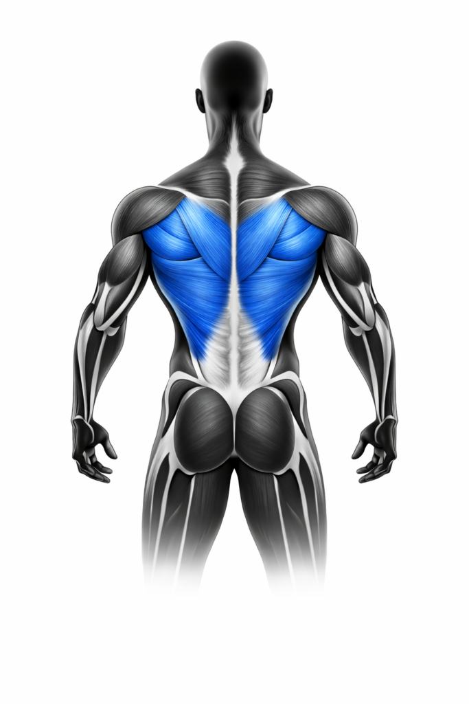 Anatomische Darstellung des Latissimus dorsi (breiter Rückenmuskel), blau markiert – Rückenansicht