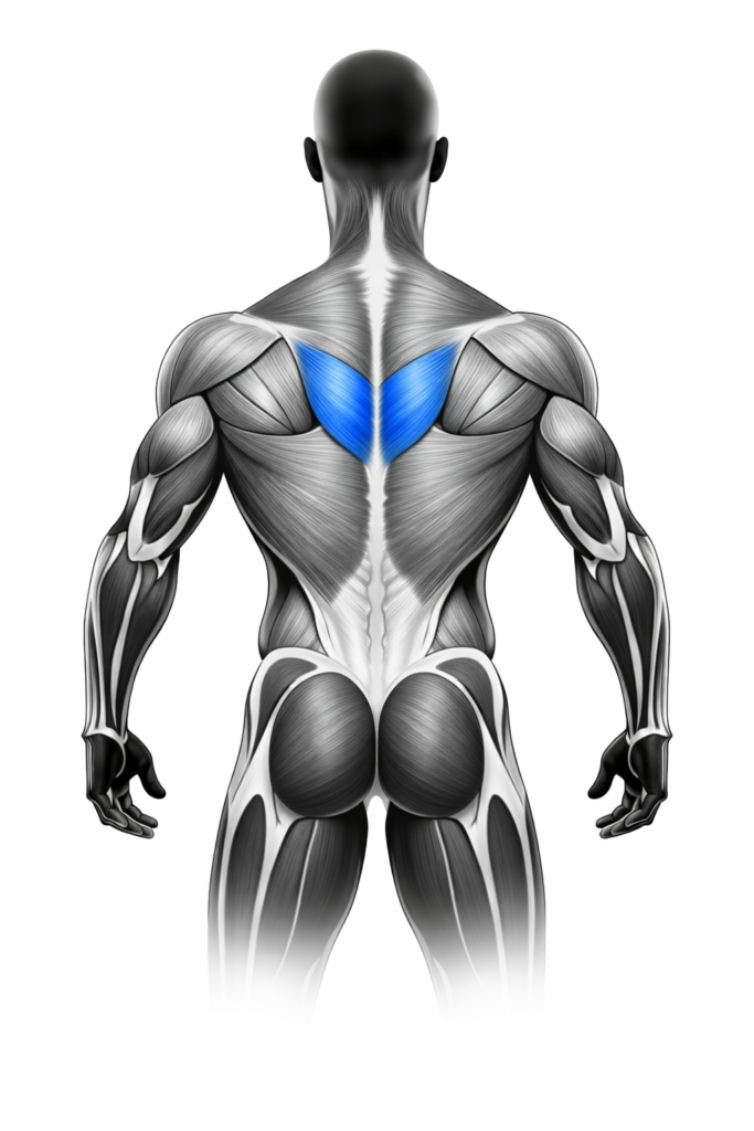 Anatomische Darstellung der Rhomboiden (mittlerer Rücken), blau markiert – Rückenansicht