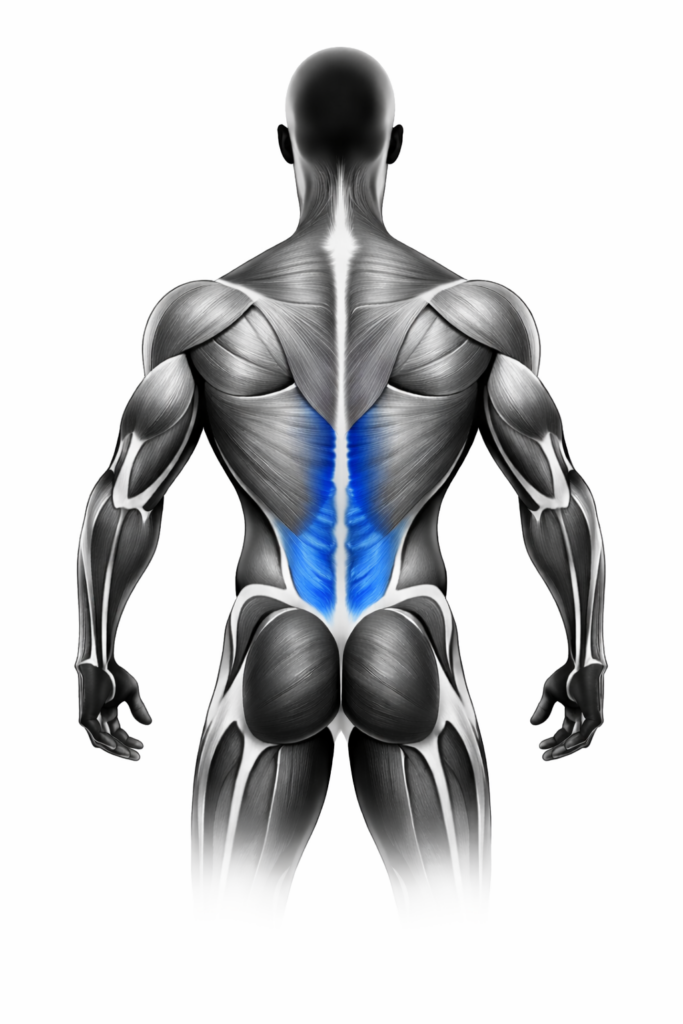 Anatomische Darstellung der Rückenstrecker (unterer Rücken), blau markiert – Rückenansicht