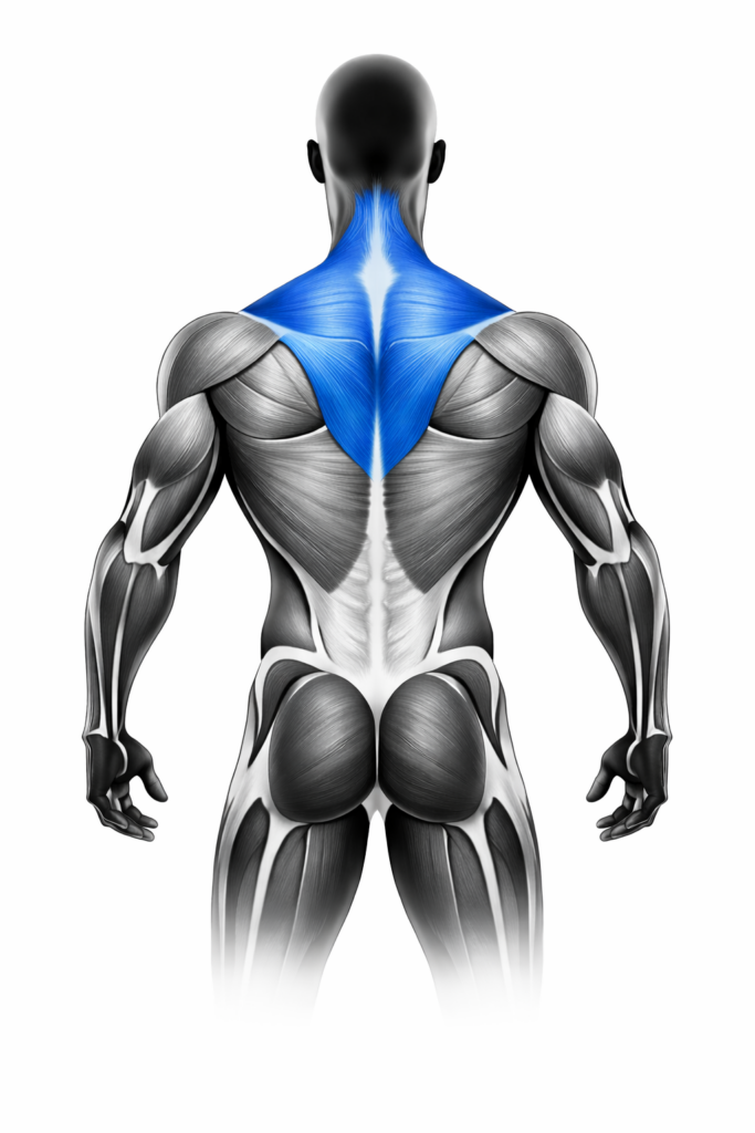 Anatomische Darstellung des Trapezmuskels (oberer Rücken und Nacken), blau markiert – Rückenansicht
