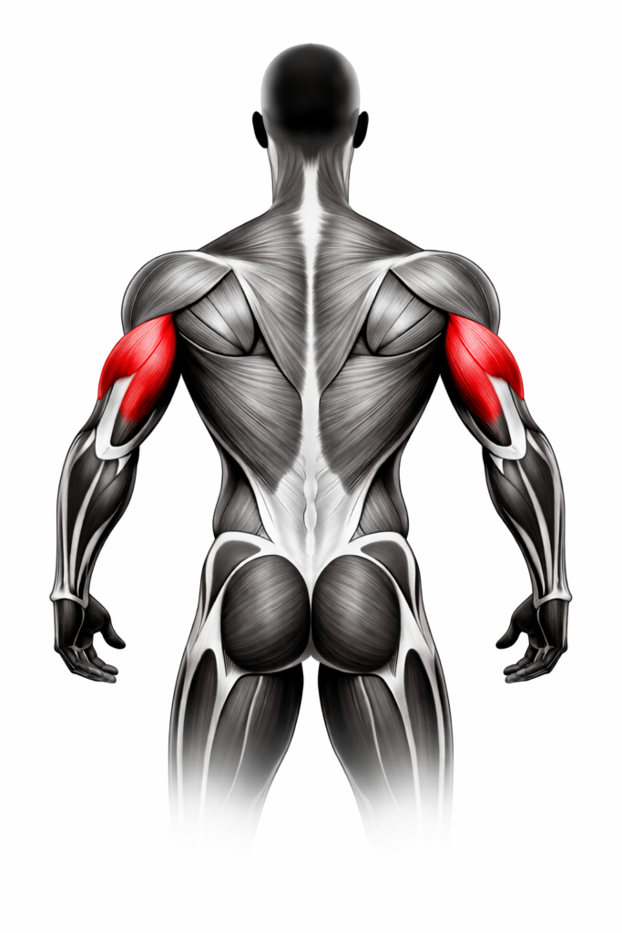 Anatomische Darstellung des Trizeps (Streckmuskulatur des Oberarms), rot markiert – Rückenansicht