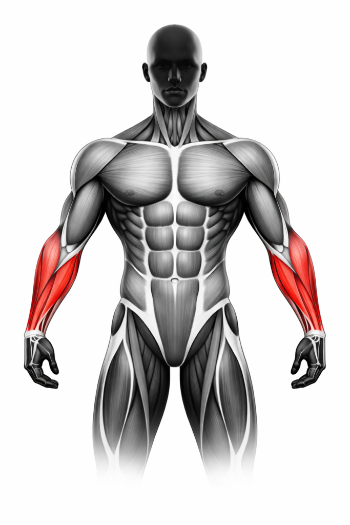 Anatomische Darstellung der Unterarmmuskulatur, rot markiert – Vorderansicht