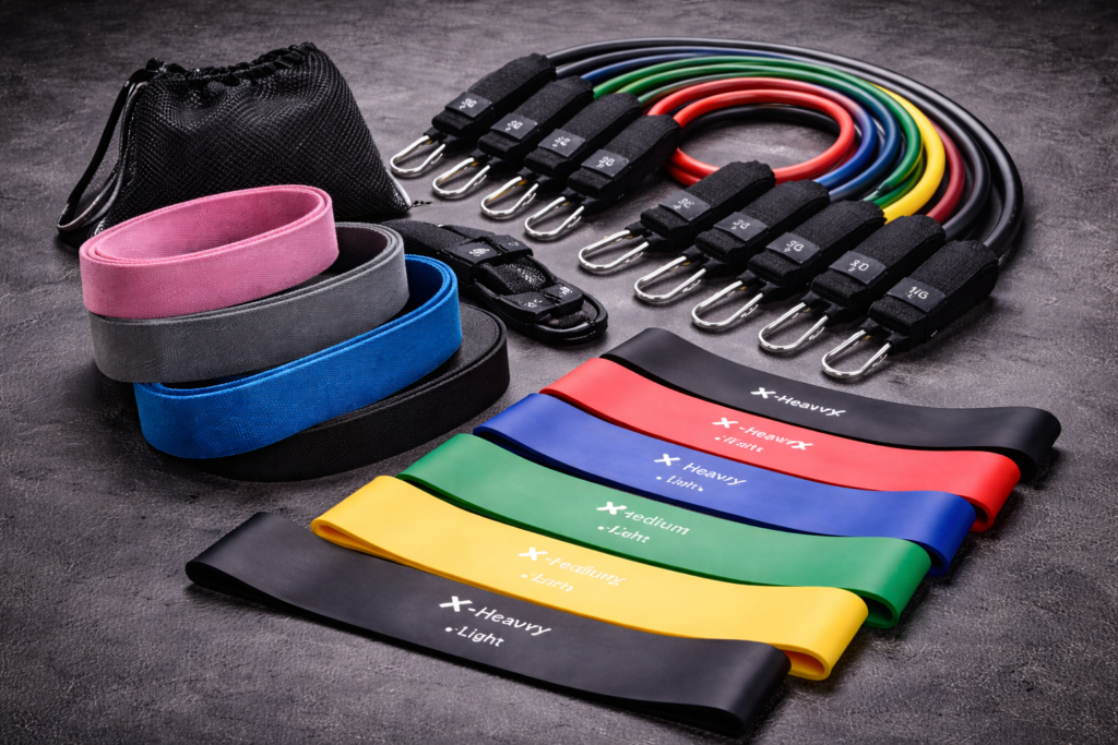 Widerstandsbänder in verschiedenen Stärken – Tube Bands und breite Loop-Bänder für das Training zuhause